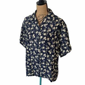 Beroluci of Paris 100% Silk Women's Sport Btn Blouse Dark Blue Tan Floral SMALL